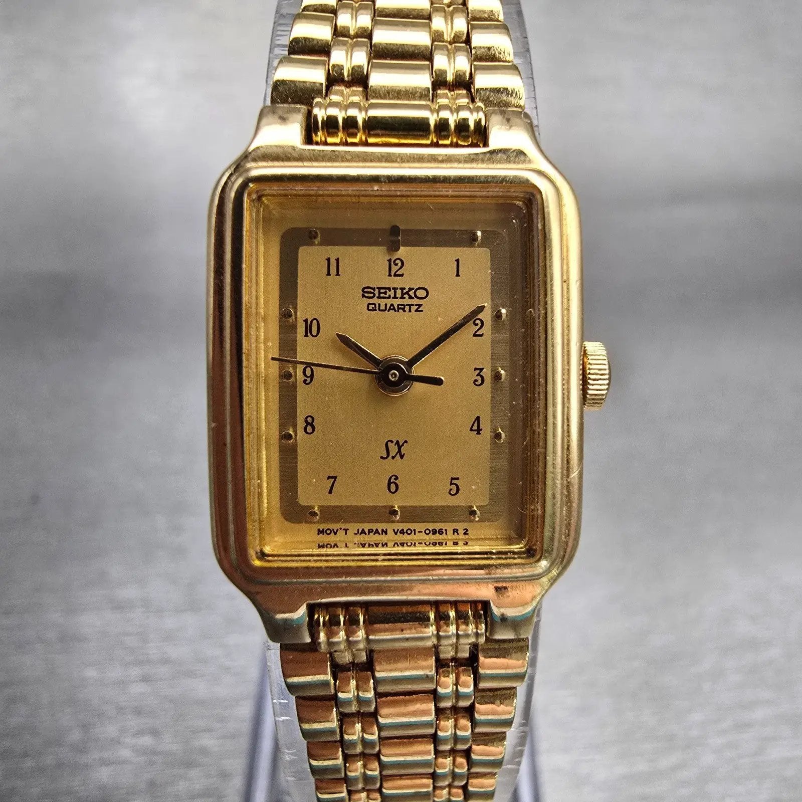Seiko SX Watch Women 17mm Gold Dial Gold Tone Rectangle V401-5121 New Battery0
