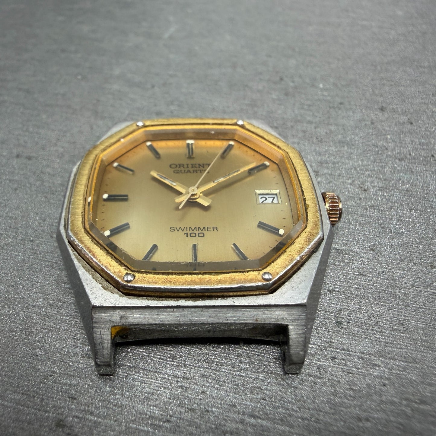 Orient Swimmer Watch Men 32mm Gold Dial Two Tone Date Octagon New Battery VTG2