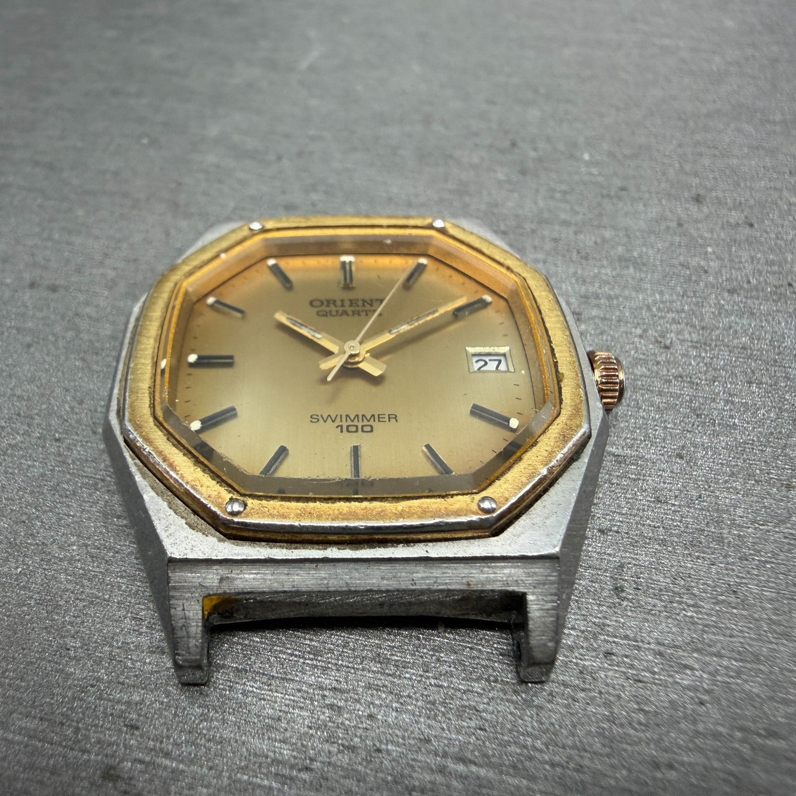 Orient Swimmer Watch Men 32mm Gold Dial Two Tone Date Octagon New Battery VTG2