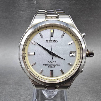 Seiko Solar Watch Men 38mm White Dial Silver Tone Date Atomic 7B22-0AK0 READ!!!!0