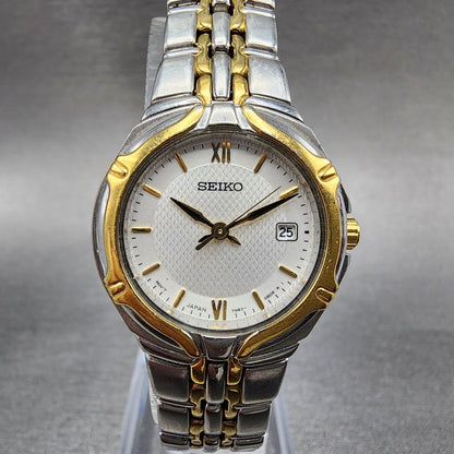 Seiko Watch Women 26mm White Dial Two Tone Date Round 7n820at0 New Battery0
