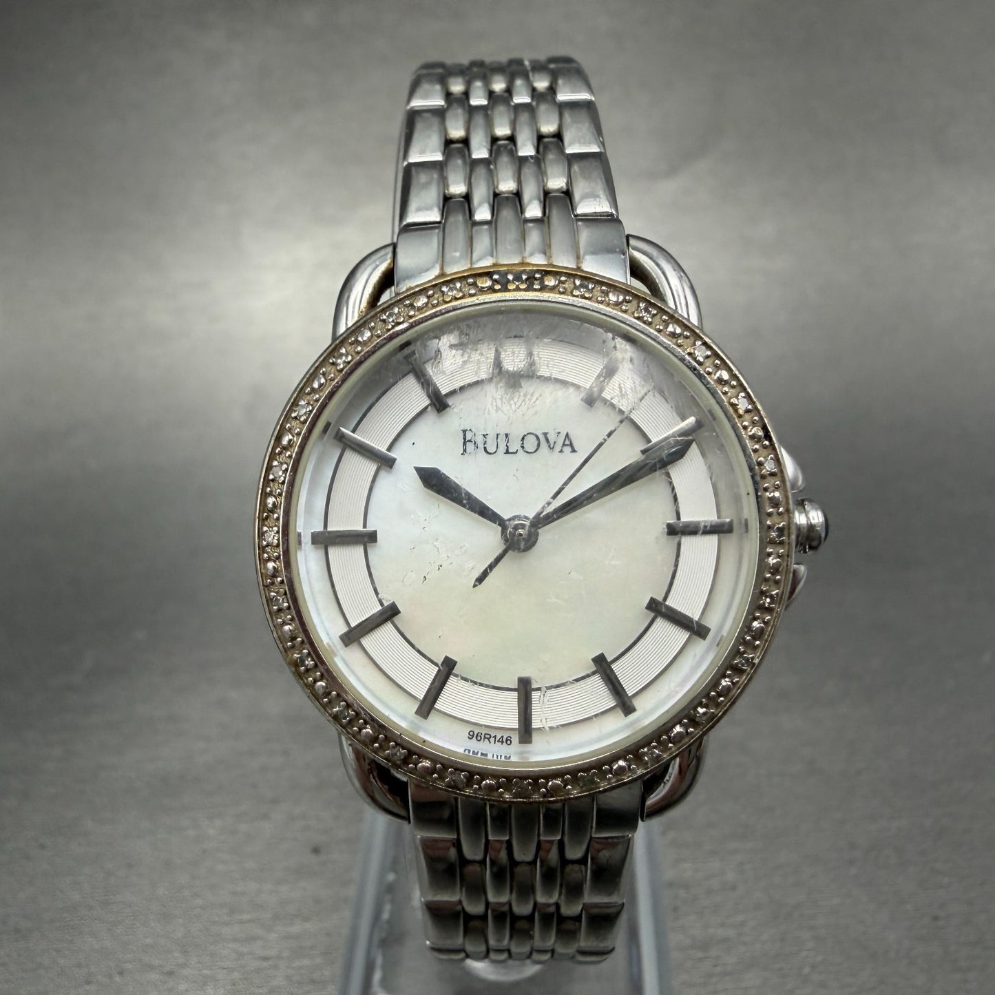 Bulova Watch Women 31mm MOP Dial Silver Tone Round Diamonds 96R146 New Battery0
