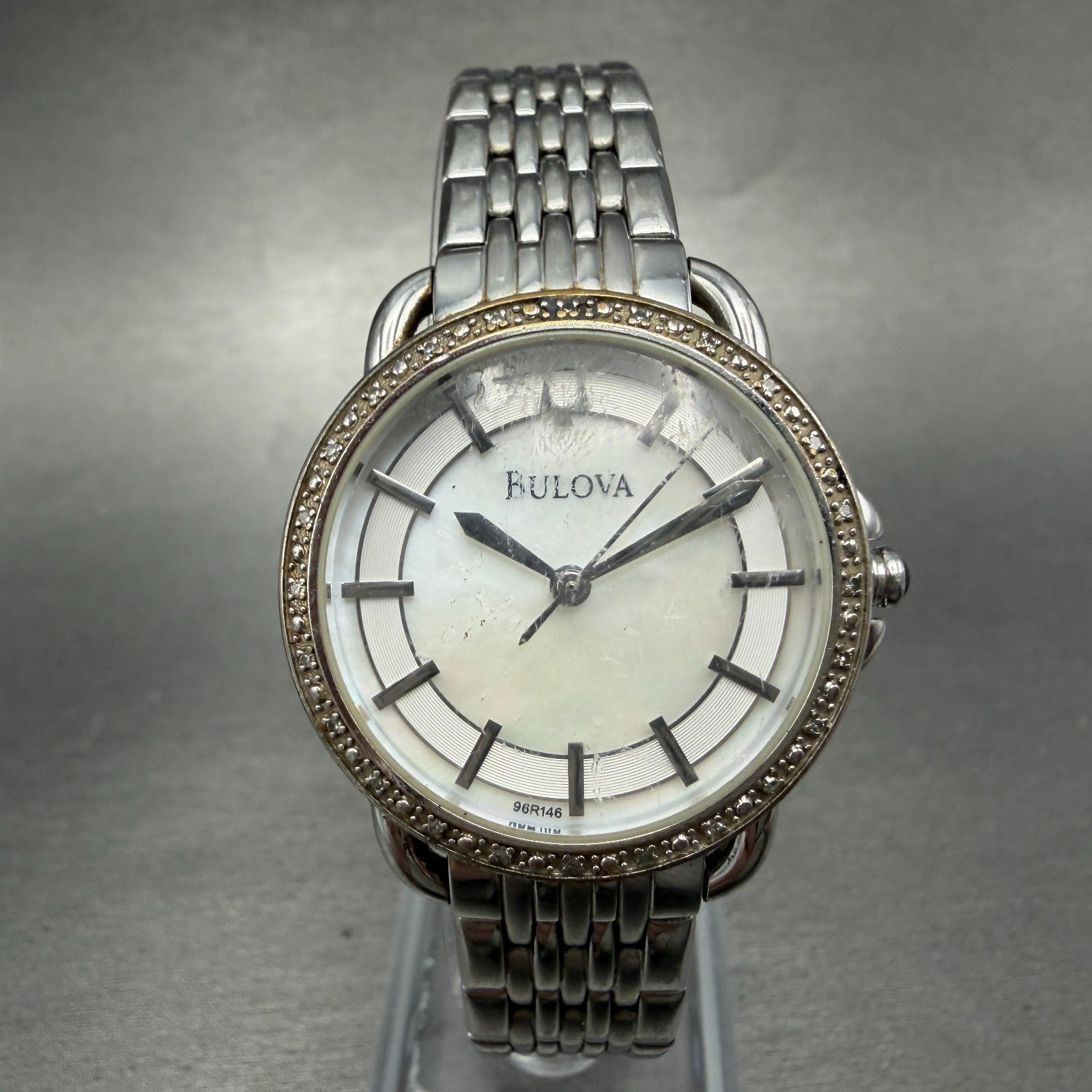 Bulova Watch Women 31mm MOP Dial Silver Tone Round Diamonds 96R146 New Battery0
