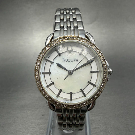 Bulova Watch Women 31mm MOP Dial Silver Tone Round Diamonds 96R146 New Battery0