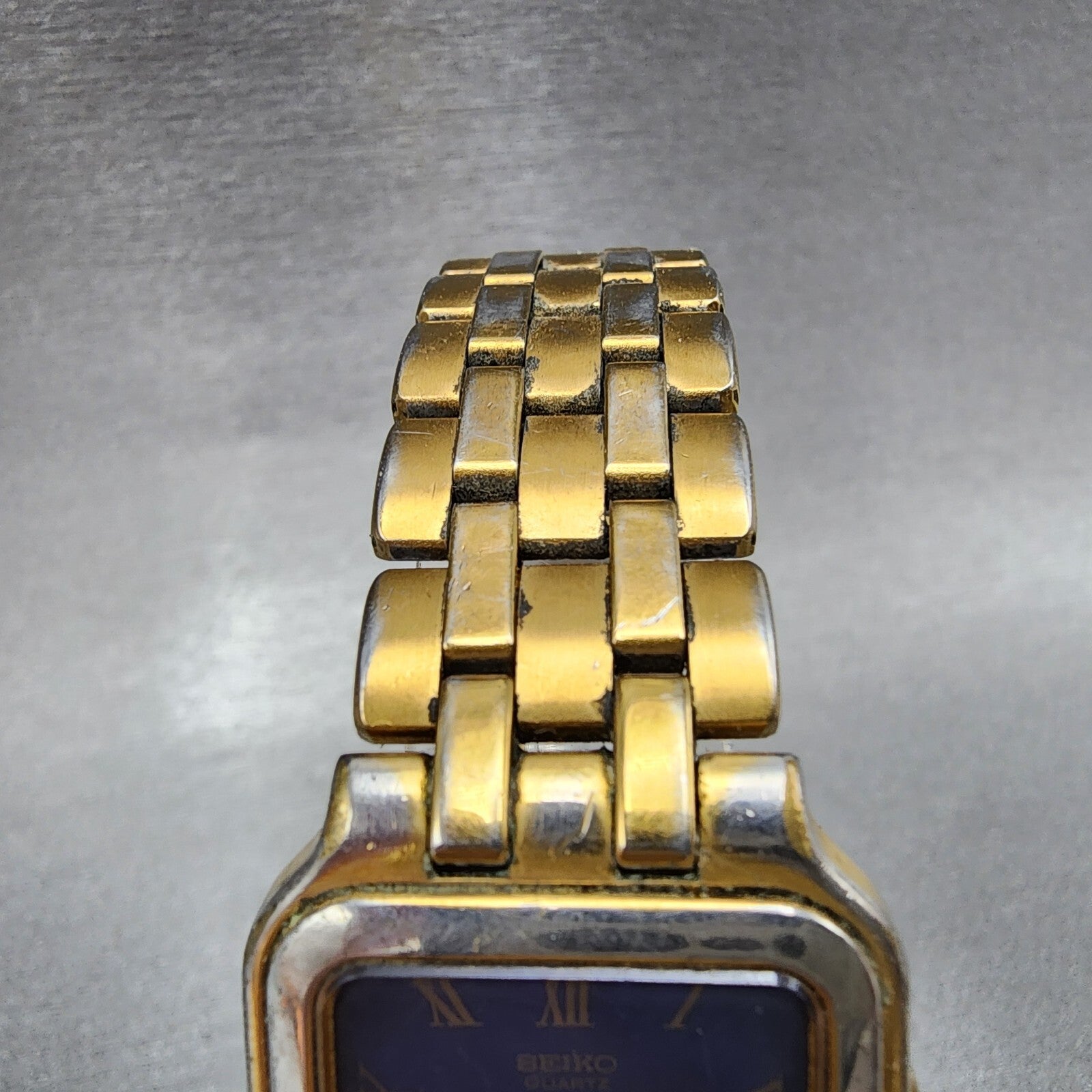 Seiko Tank Watch Men 27mm Blue Dial Gold Tone 7n015009 New Battery READ!!!!!!!!4