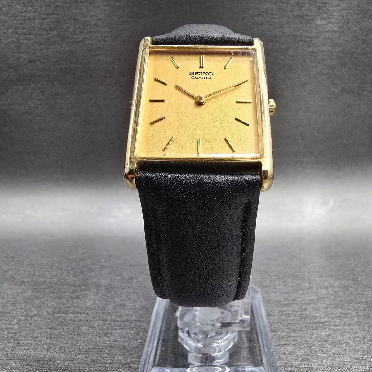 Seiko Tank Watch Men 25mm Gold Dial Gold Tone Rectangle 7N00-5B20 New Battery J5
