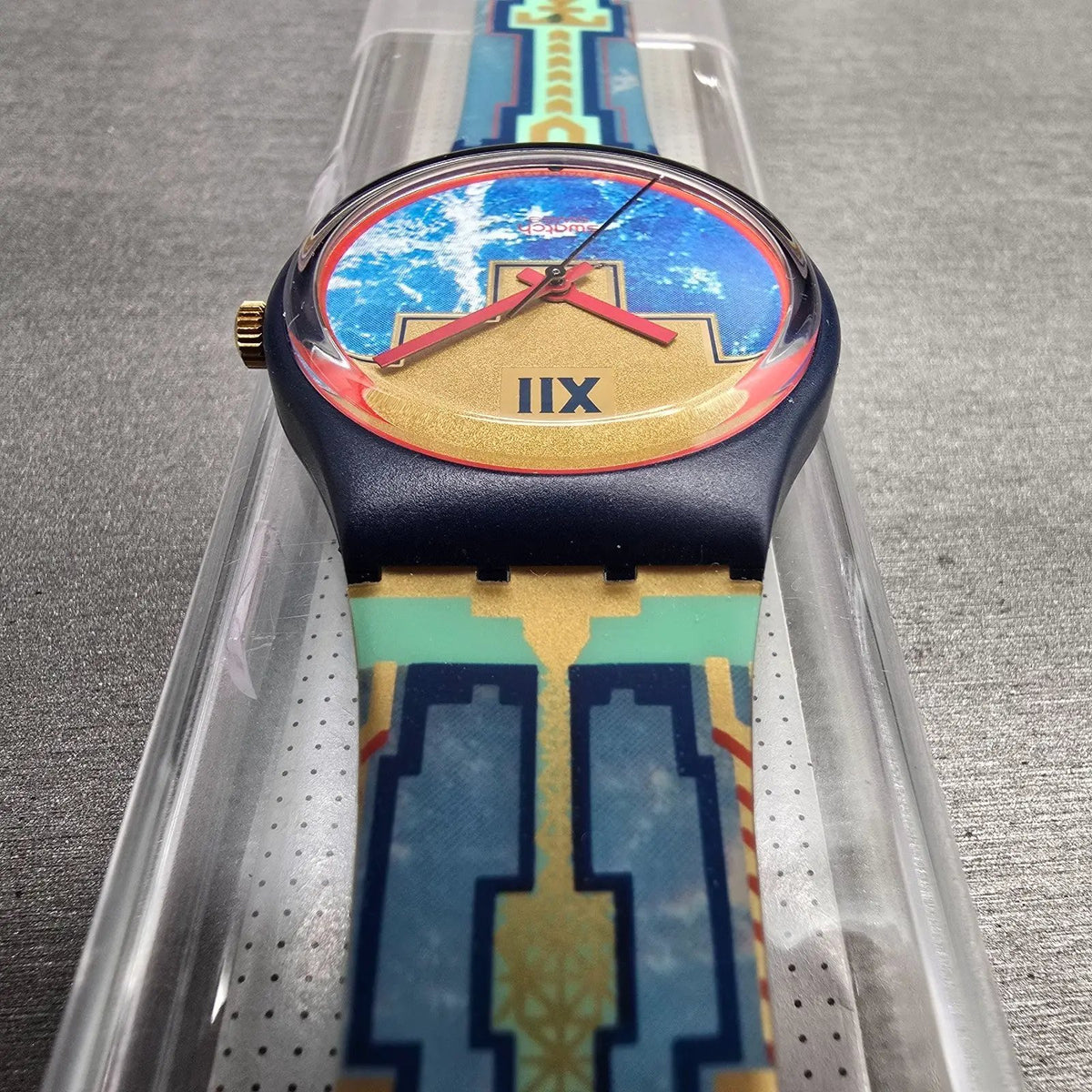 Swatch Blue Flamingo Watch Men 34mm Blue Dial Black Case GN114 New Battery NOS7