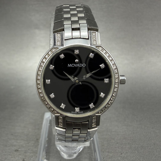 Movado Faceto Watch Women 25mm black Dial Steel Diamonds Round 605586 New Batt120