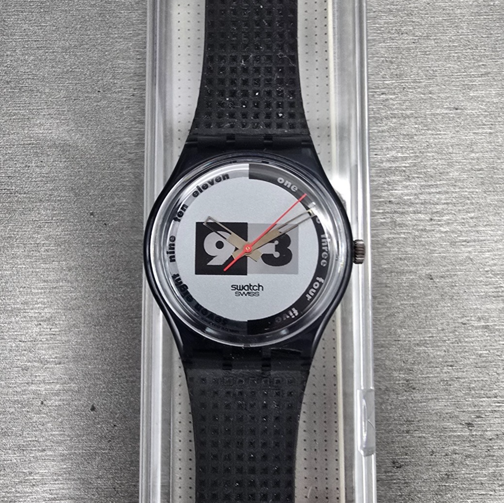 Swatch Nüni Watch Men 34mm Silver Dial Black Tone Round GM108 New Battery NOS0