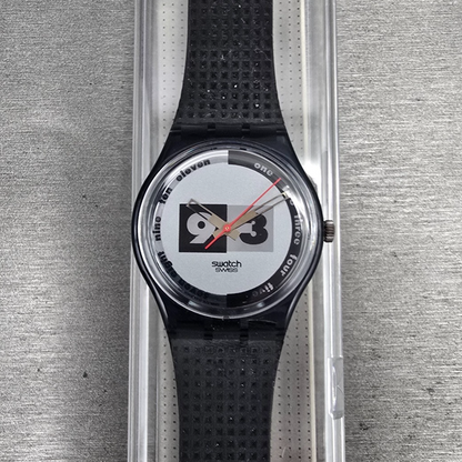 Swatch Nüni Watch Men 34mm Silver Dial Black Tone Round GM108 New Battery NOS0