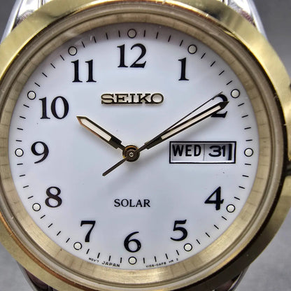 Seiko Solar Watch Men 37mm White Dial Two Tone Daydate Round V158-0AB0 Works1