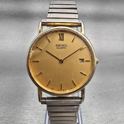 Seiko Watch Men 32mm Gold Dial Gold Tone Date Round 5Y39-7010 New Battery VTG0