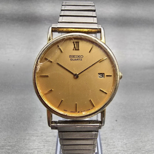 Seiko Watch Men 32mm Gold Dial Gold Tone Date Round 5Y39-7010 New Battery VTG0