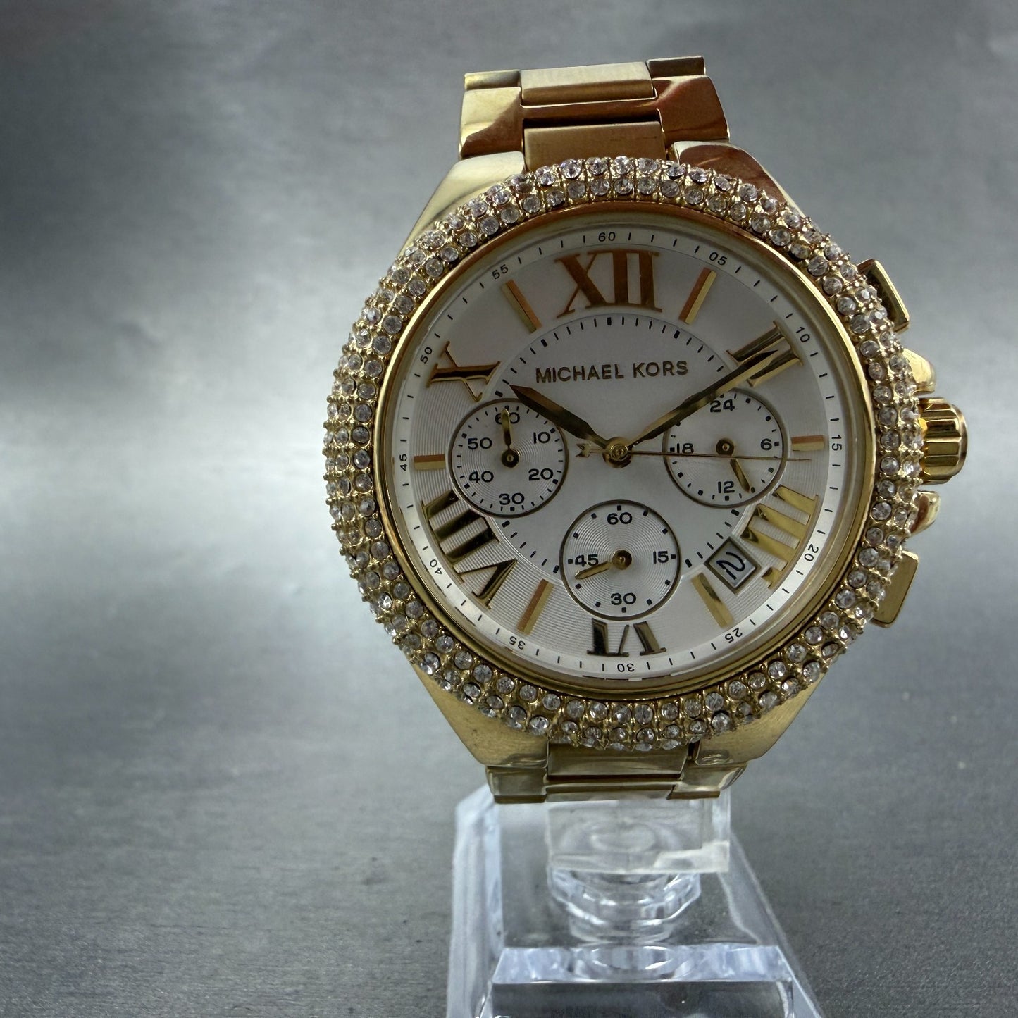 Michael Kors Bradshaw Chronograph Watch Women 42mm White Dial Gold Tone New Batt5