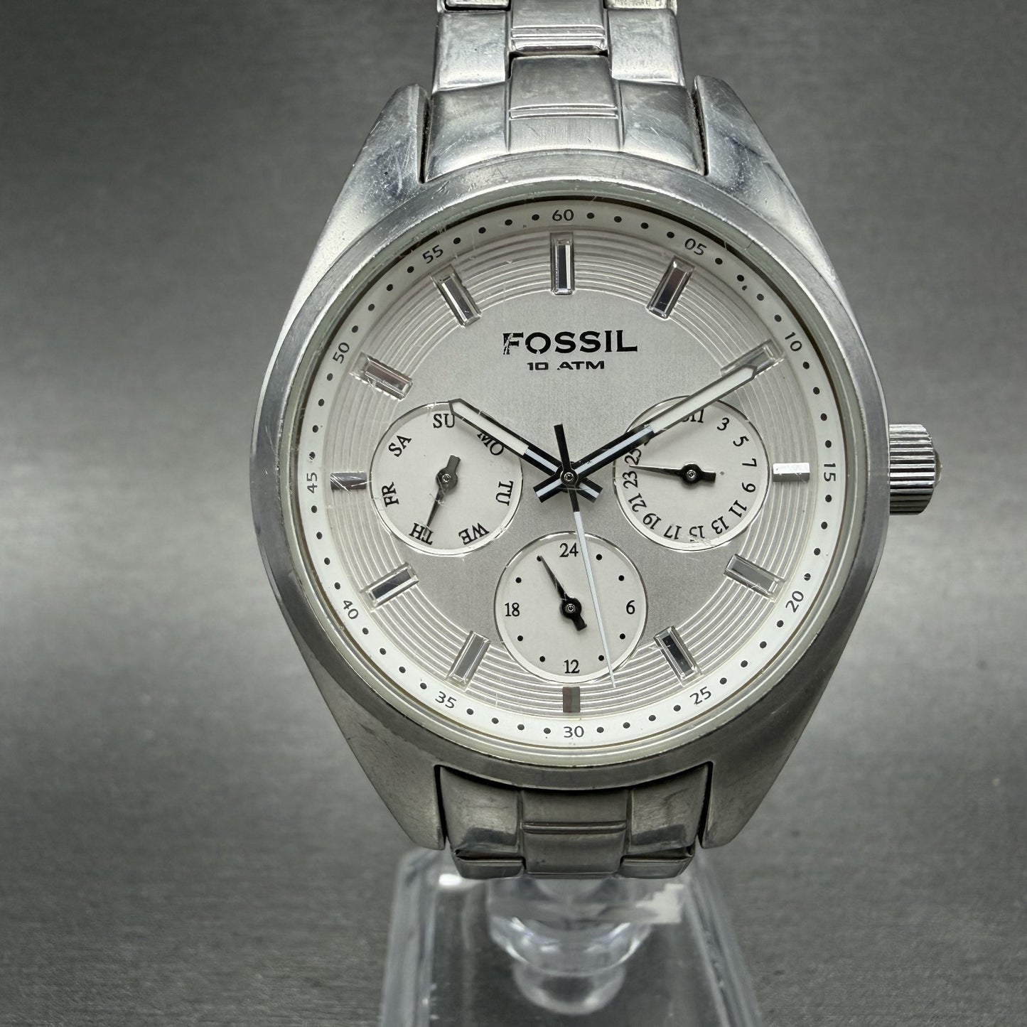 Fossil Watch Women 37mm White Dial Silver Tone Daydate Round BQ9340 New Battery0