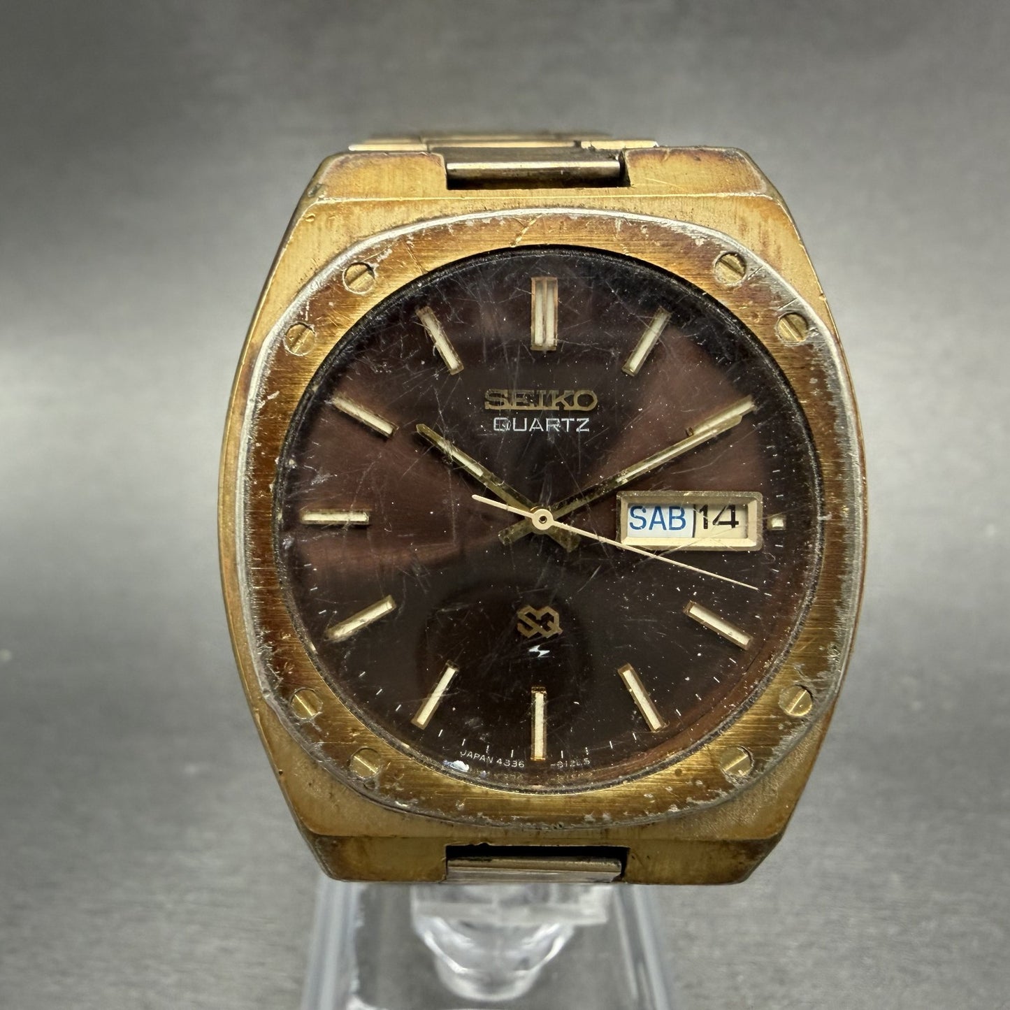 Seiko SQ Watch Men 36mm Brown Dial Gold Tone Daydate 4336-8129 New Battery0
