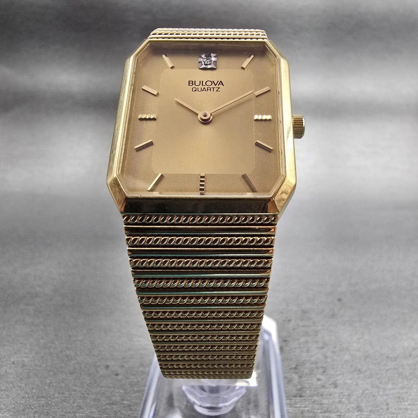 Bulova Watch Men 25mm Gold Dial Gold Tone Gem Stone Rectangle 92M45 New Battery5