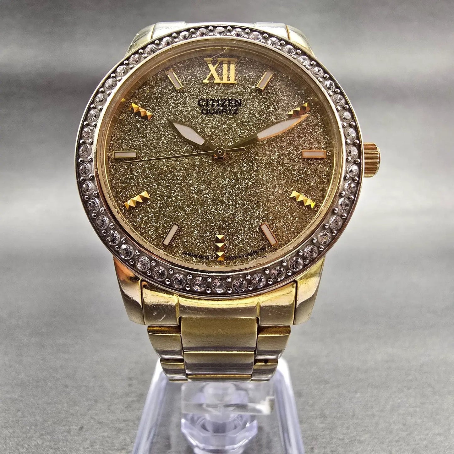 Citizen Watch Women 35mm Gold Dial Gold Tone Gemmed Round 1032-S086248 New Batt5