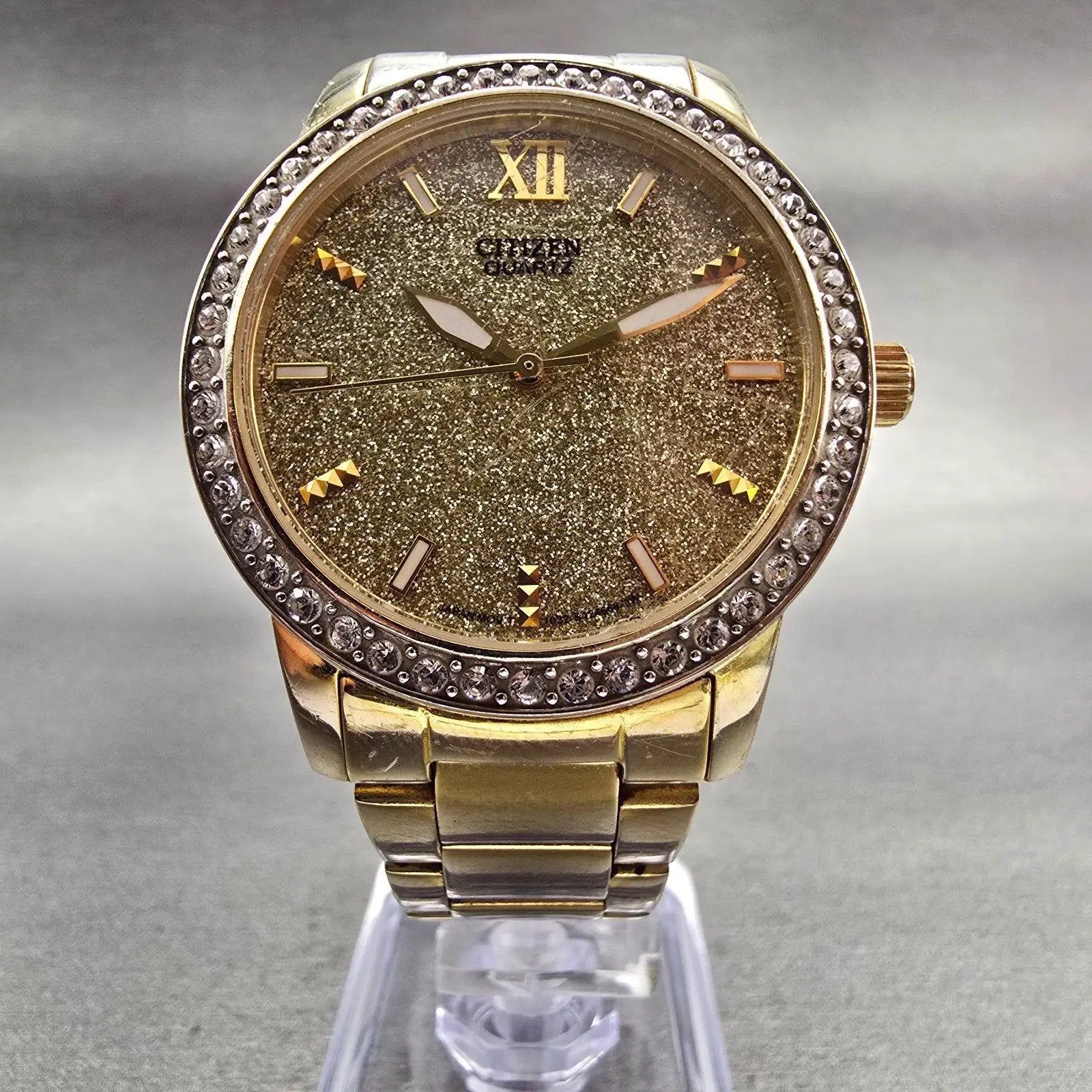 Citizen Watch Women 35mm Gold Dial Gold Tone Gemmed Round 1032-S086248 New Batt5