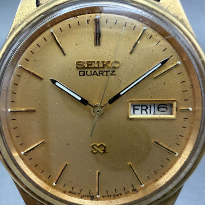Seiko SQ Watch Men 35mm Champagne Dial Gold Tone Daydate 5y23-8049 New Battery B1