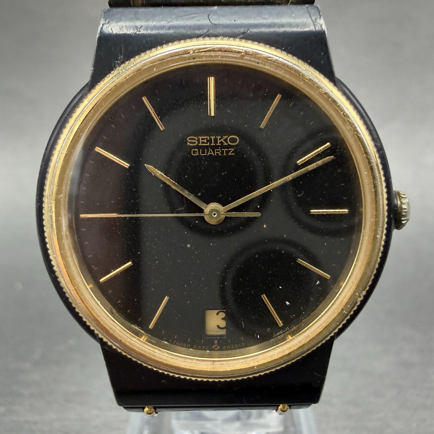 Seiko Watch Men 32mm Black Dial Black Gold Tone Date Round 6532-6039 New Battery1