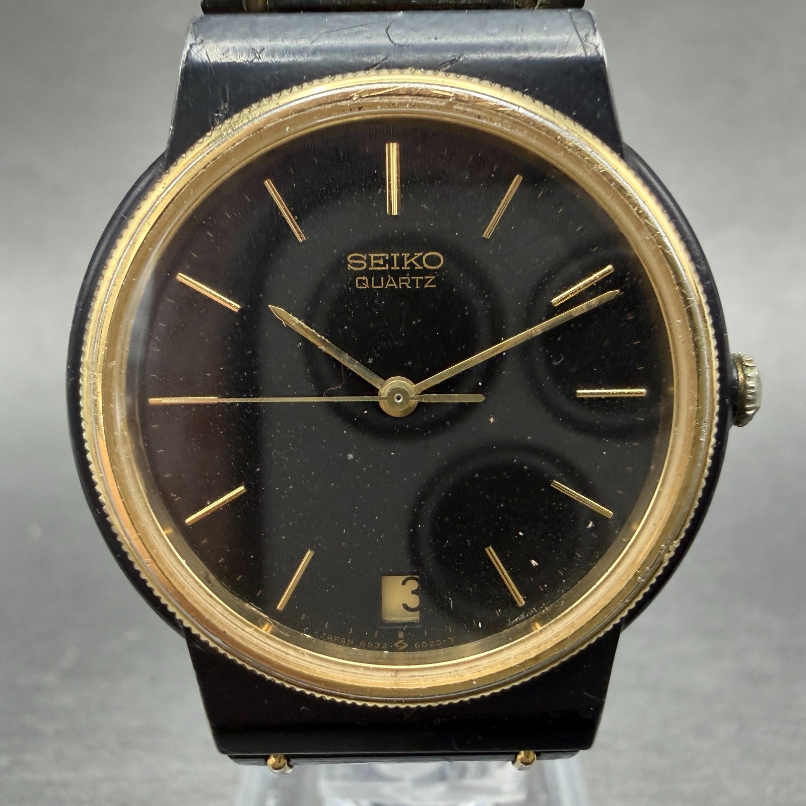 Seiko Watch Men 32mm Black Dial Black Gold Tone Date Round 6532-6039 New Battery1