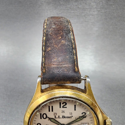 LL Bean Field Watch Men 34mm Gray Dial Gold Tone Date Round New Battery A12 VTG5