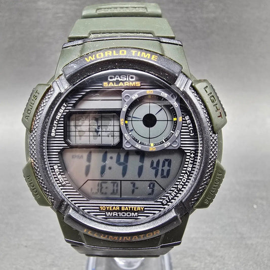 Casio AE-1000W Watch Men 44mm Black Dial Green World Time Digital New Battery0