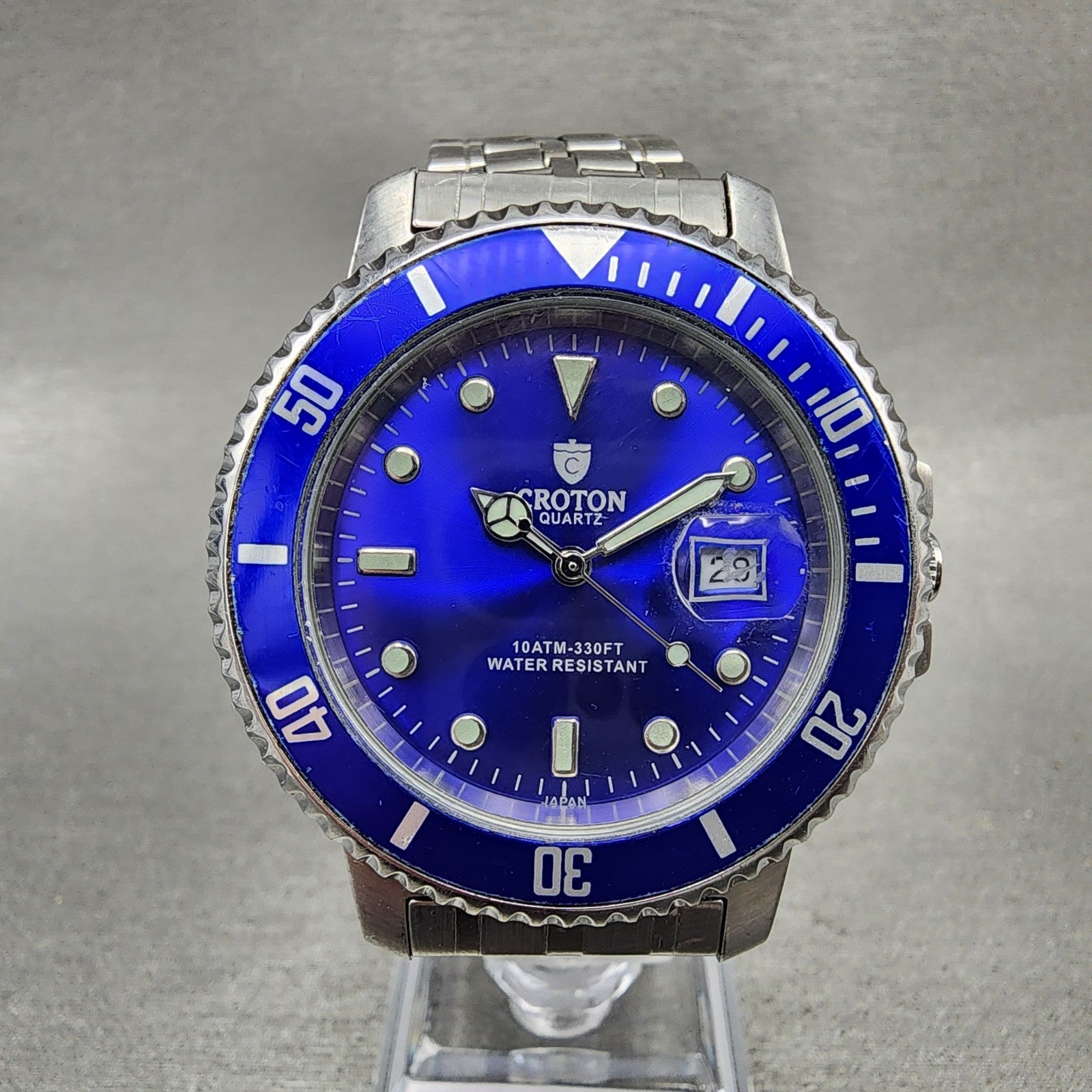 Croton Dive Watch Men 38mm Blue Dial Silver Tone Date Round New Battery0