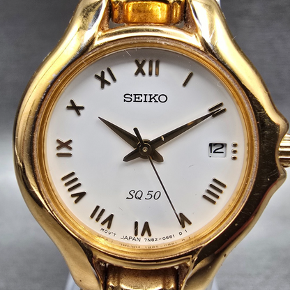 Seiko SQ Watch Women 25mm White Dial Gold Tone Date Round 7N82-0301 New Battery1