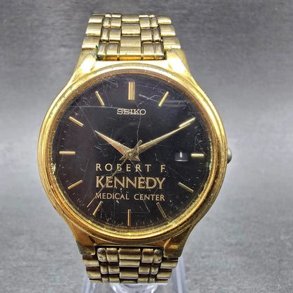 Seiko Watch Men 33mm Black Dial Gold Tone Date Round V722-7051 PARTS Vintage0