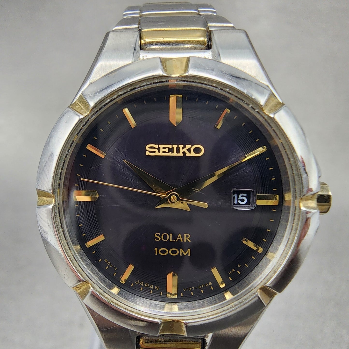 Seiko Solar Watch Women 27mm Black Dial Two Tone Date Round V1370CH0 Works1
