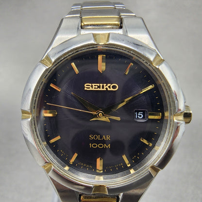 Seiko Solar Watch Women 27mm Black Dial Two Tone Date Round V1370CH0 Works1