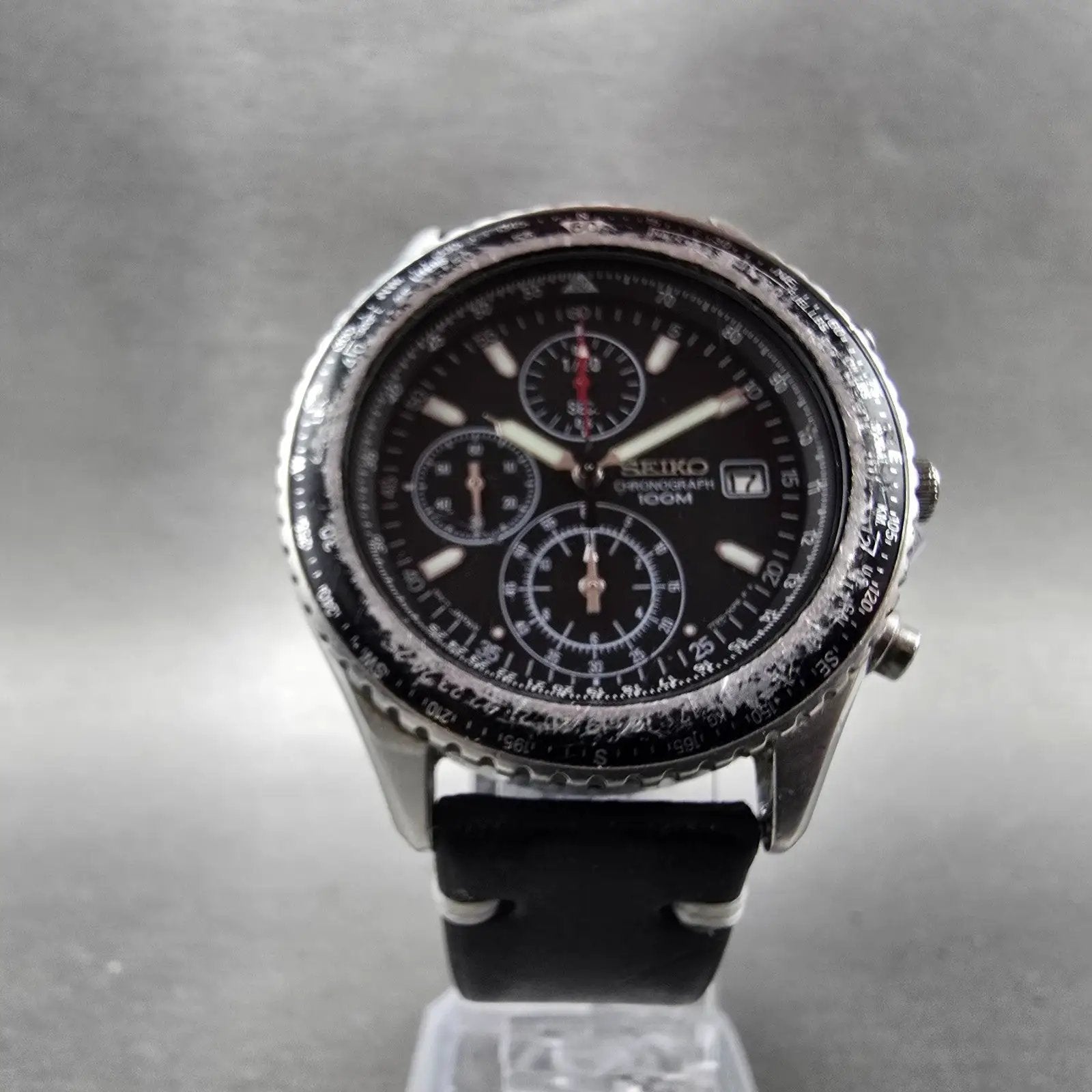 Seiko Flightmaster Chronograph Watch Men 40mm Black dial Steel Date New BatteryQ6