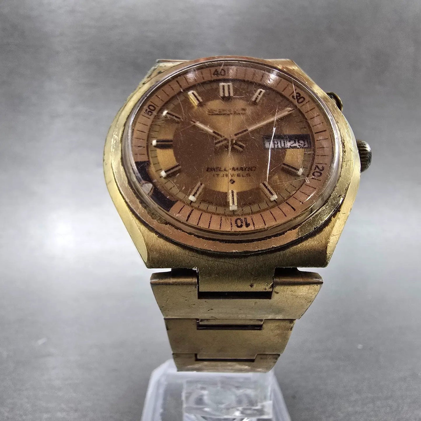 Seiko Bell-Matic Watch Men 39mm Gold Dial Gold Tone Daydate 4006-6049 Runs6
