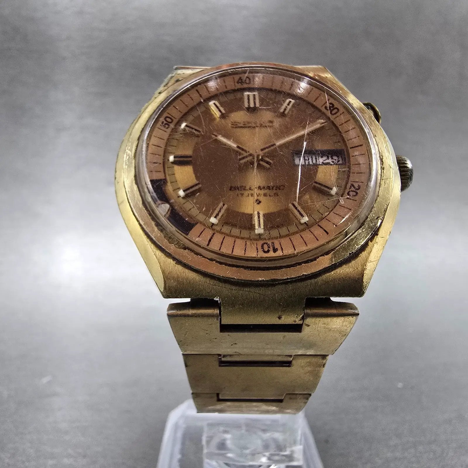 Seiko Bell-Matic Watch Men 39mm Gold Dial Gold Tone Daydate 4006-6049 Runs6
