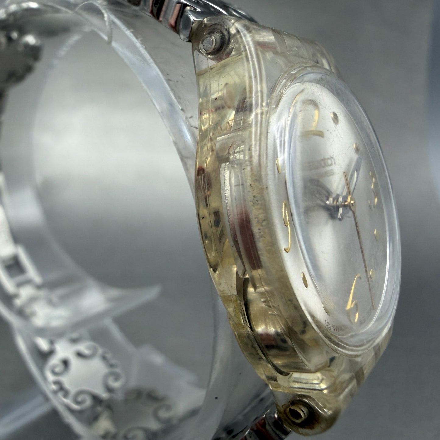 Swatch Crystal Lace Watch Women 25mm White Dial Clear Case Round New Battery3