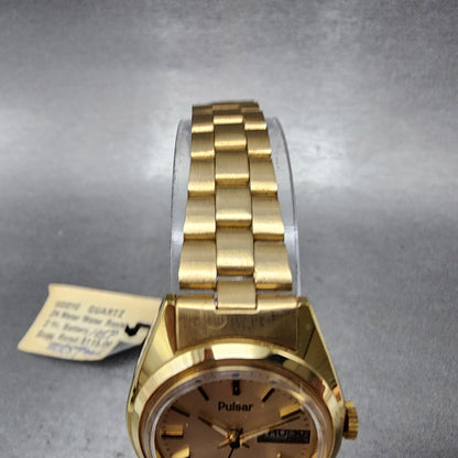 Pulsar President Watch Women 24mm Gold Dial Gold Tone Daydate Round NewBat NOS A5