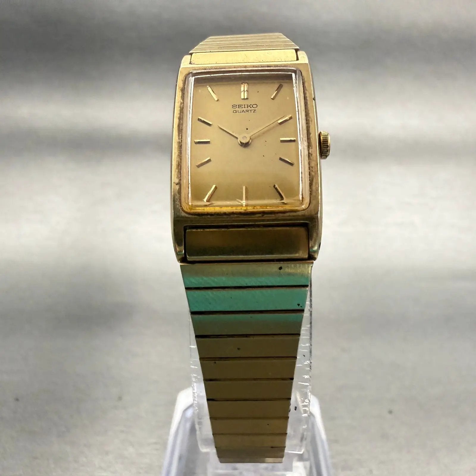 Seiko Watch Women 17mm Gold Dial Gold Tone Rectangle 2C20-5830 New Battery VTG4