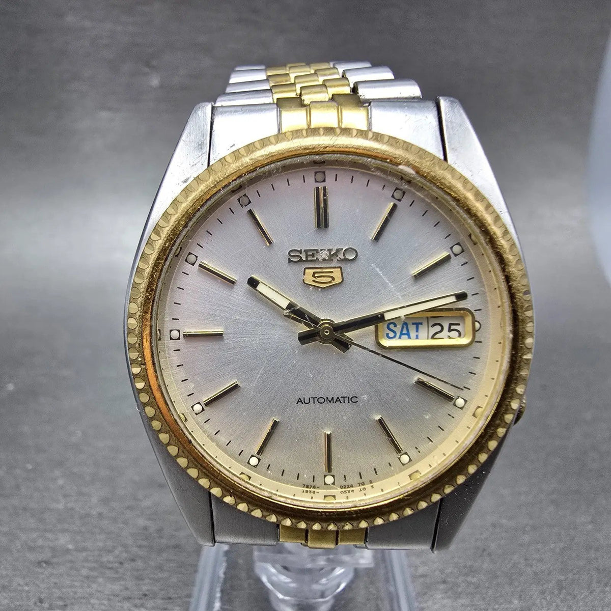 Seiko 5 Automatic President Watch Men 36mm Silver Dial Two Tone Daydate VTG Runs0
