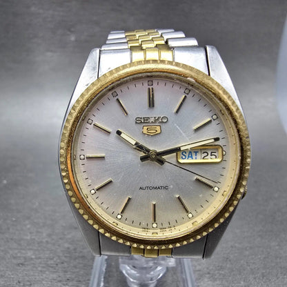 Seiko 5 Automatic President Watch Men 36mm Silver Dial Two Tone Daydate VTG Runs0