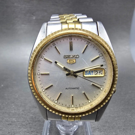 Seiko 5 Automatic President Watch Men 36mm Silver Dial Two Tone Daydate VTG Runs0