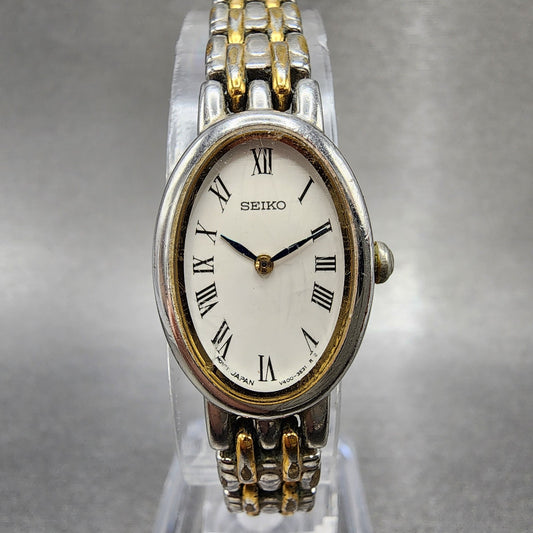 Seiko Watch Women 17mm White Dial Two Tone Oval V4001029 New Battery0