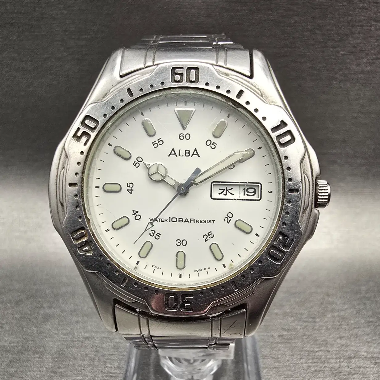 Seiko Alba Watch Men 41mm White Dial Silver Tone Daydate Round V743-8B60 New Bat0