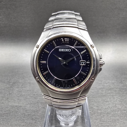 Seiko Watch Men 35mm Blue Dial Silver Tone Date Round V739-0B30 New Battery JP0