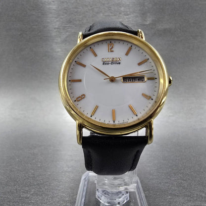 Citizen Eco-Drive Watch Men 36mm White Dial Gold Daydate E101-S015588 Runs JP6