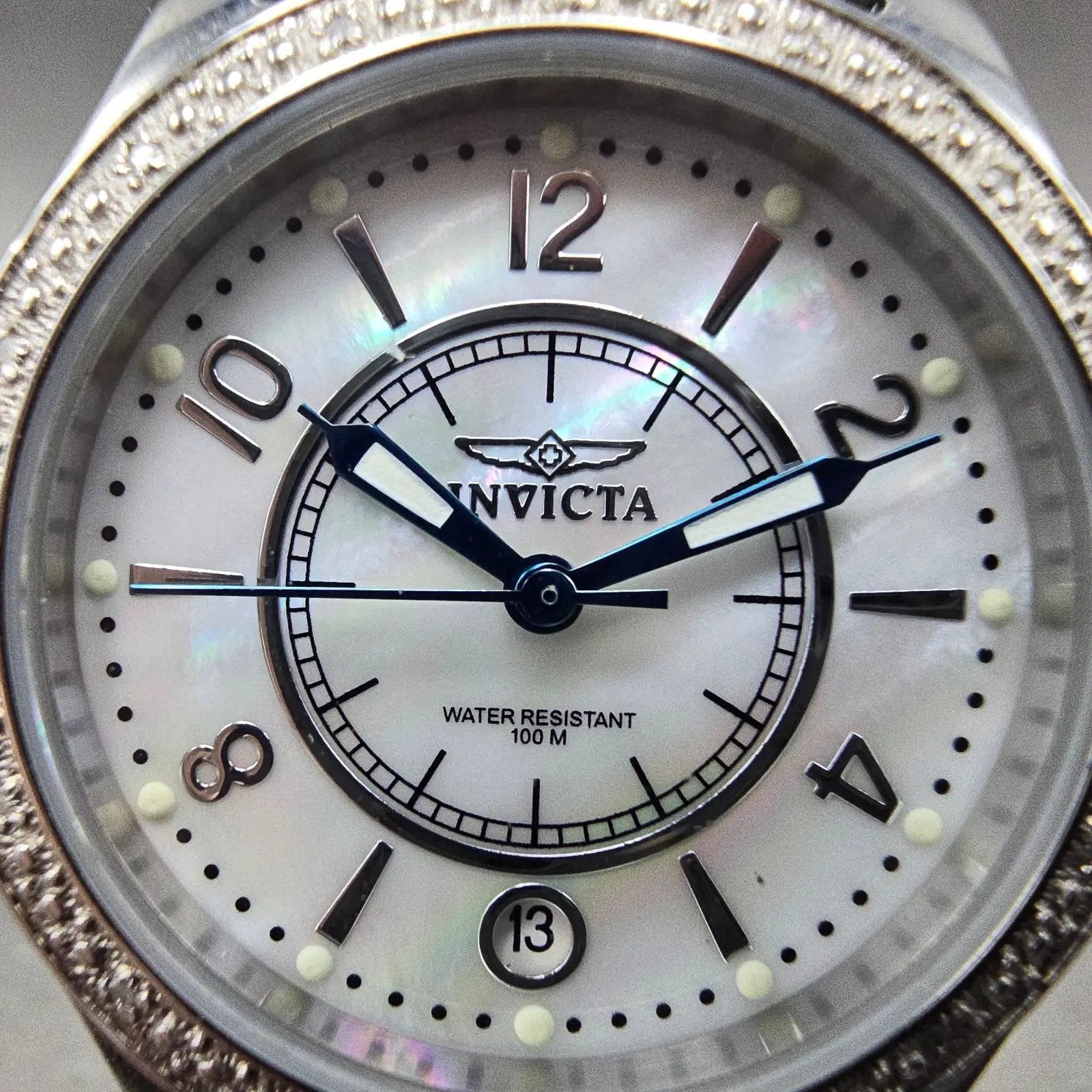 Invicta Watch Women 33mm MOP Dial Silver Tone Date Round 5992 New Battery Green1