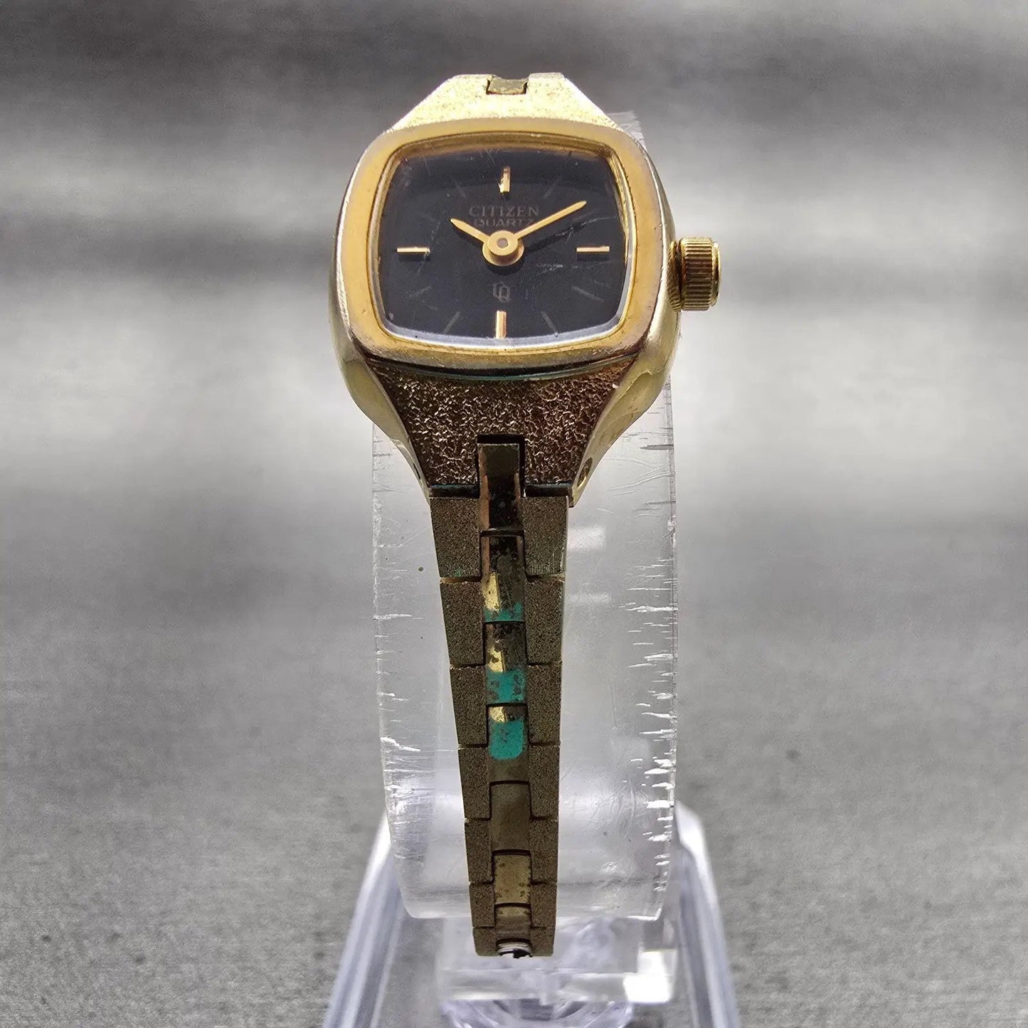 Citizen CQ Watch Women 17mm Black Dial Gold Tone Rectangle 3220-S20889 New Batt5