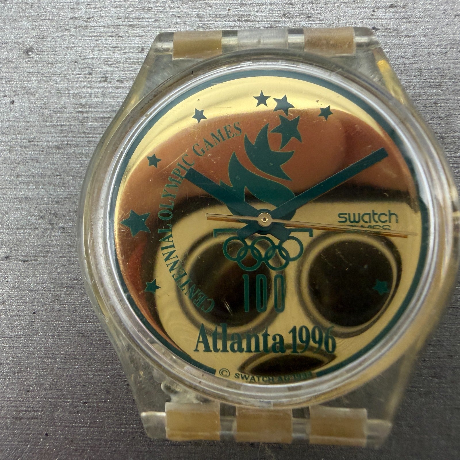 Swatch Olympics 1996 Watch Men 34mm Gold Dial Clear Round GZ136 New Battery 1231