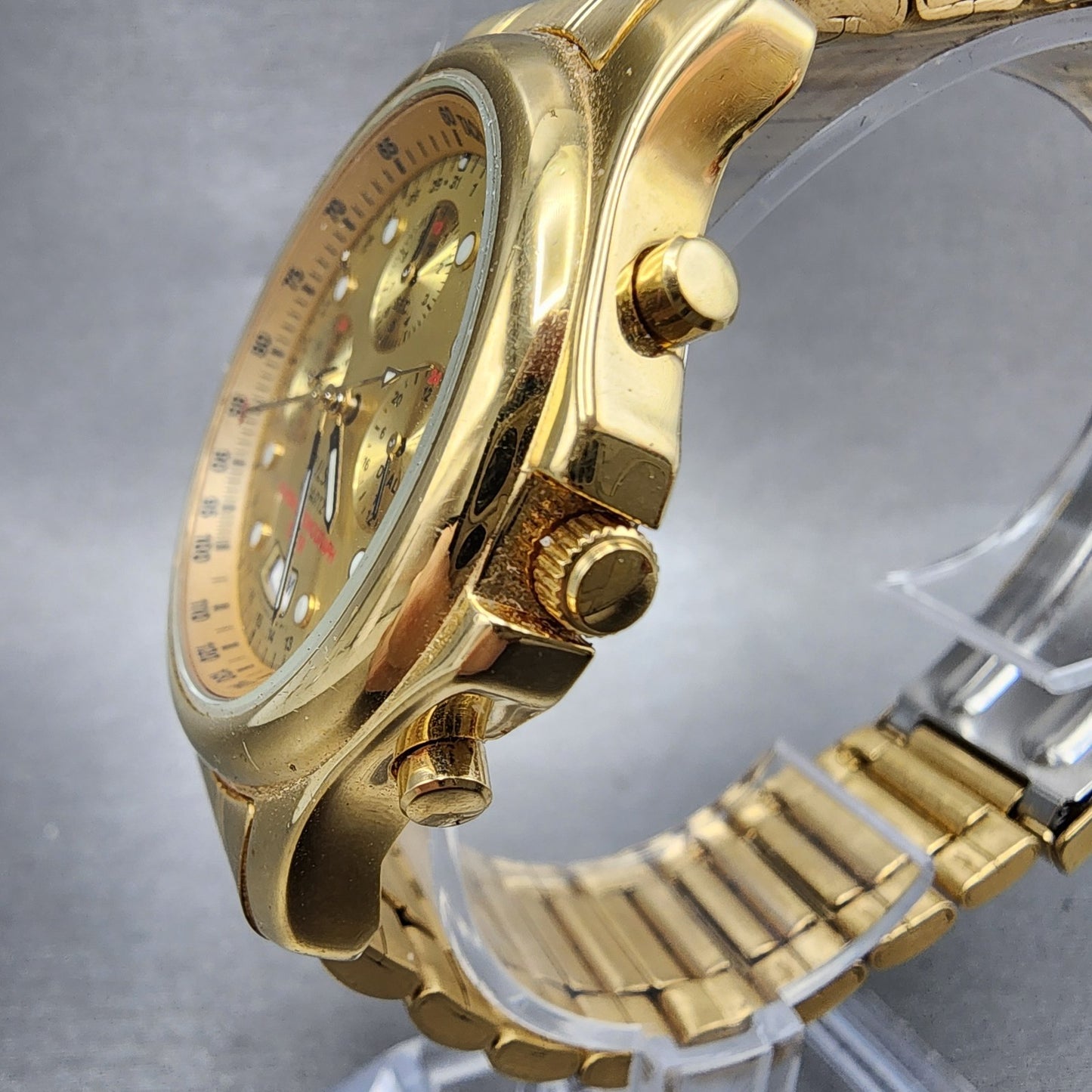 Seiko Pulsar Chronograph Watch Men 39mm Gold Dial Gold Tone Alarm Date New Batt2